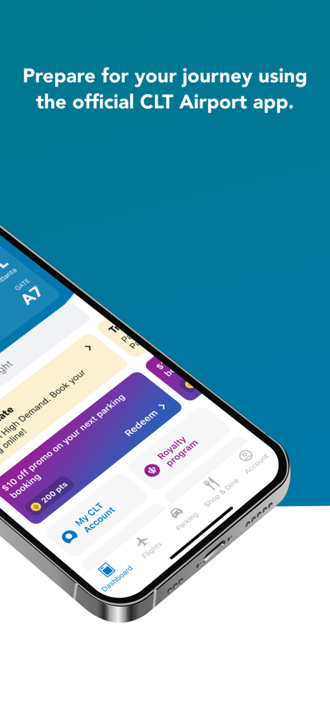 CLT Airport - Una pantalla de teléfono inteligente que muestra el panel de la aplicación oficial del Aeropuerto CLT con funciones de planificación de viajes y programa de recompensas.