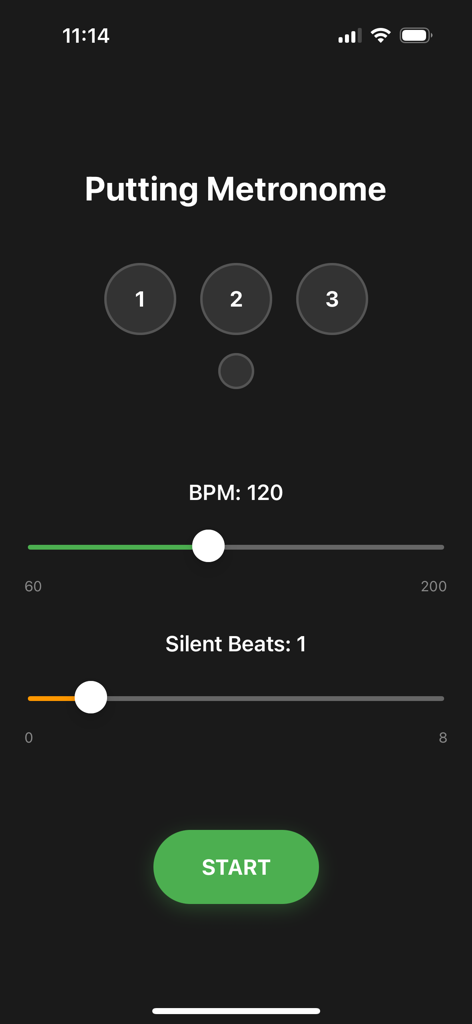 Golf Putting Metronome - The main interface of the Golf Putting Metronome app featuring BPM and silent beat sliders with a green start button