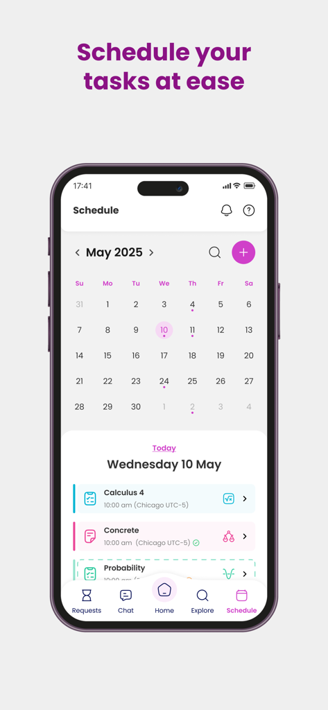 OEG - Find Expert Tutors - OEG app interface showing a monthly calendar and scheduled tutoring sessions for subjects like calculus and probability