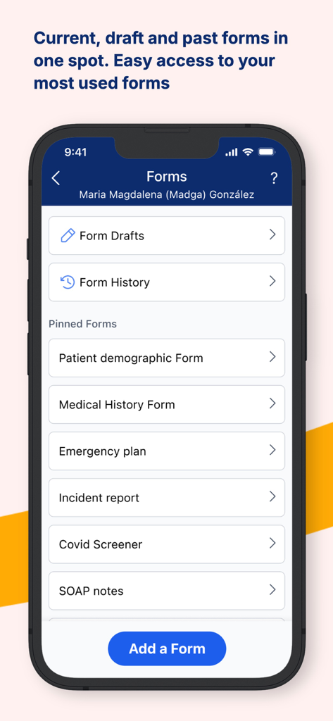 AlayaCare app interface displaying clinical forms such as medical history and incident reports for care workers