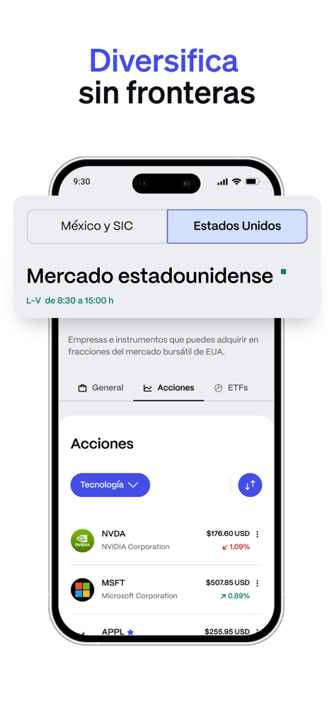 GBM app interface showing U.S. stock trading options for NVIDIA and Microsoft in Spanish