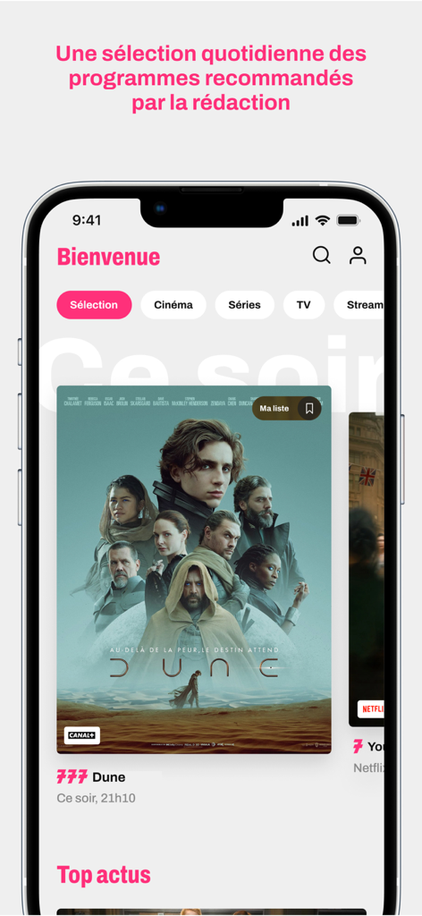 Écran d'accueil de l'application Télé 7 Jours présentant une sélection de programmes TV et des recommandations de streaming.