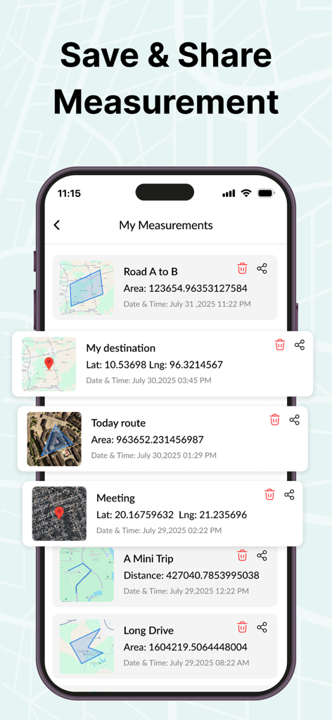 GPS Area Measure Map - Una lista de mediciones guardadas en la aplicación GPS Area Measure Map que muestra varias áreas de terrenos y rutas con opciones de guardar y compartir