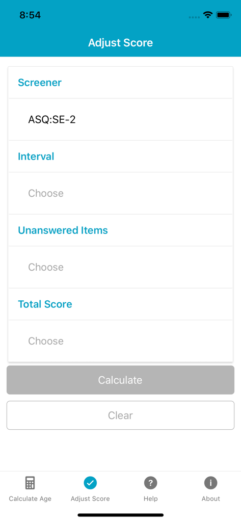 Interface of the ASQ Age and Score Calculator app showing the Adjust Score screen with fields for screener type, interval, unanswered items, and total score.