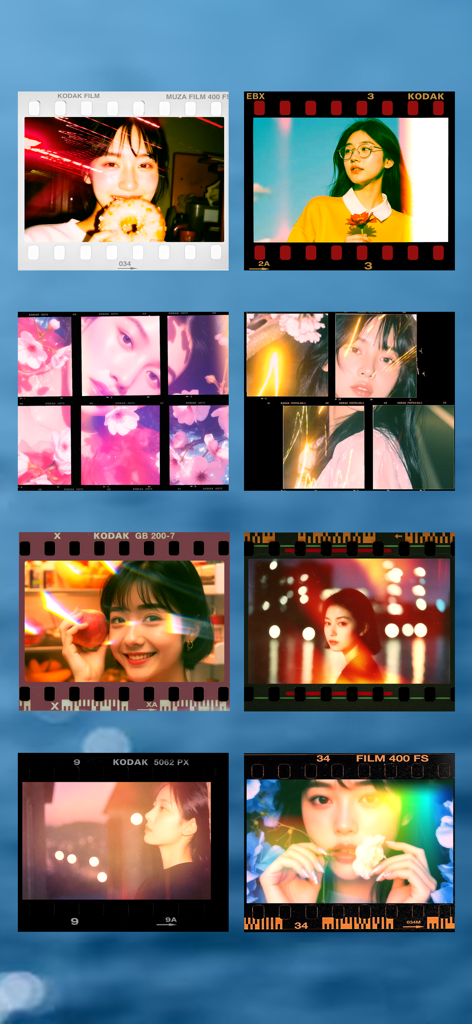 ヴィンテージ35mmフィルムボーダーとライトリーク効果のある、美的ポートレートのコレクション。