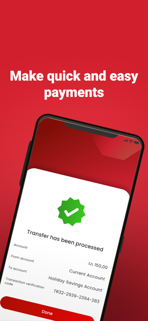 SBS Banking App - Ein mobiler Bildschirm der SBS Banking App, der eine erfolgreiche Transaktionsbestätigung mit einem grünen Häkchen anzeigt.