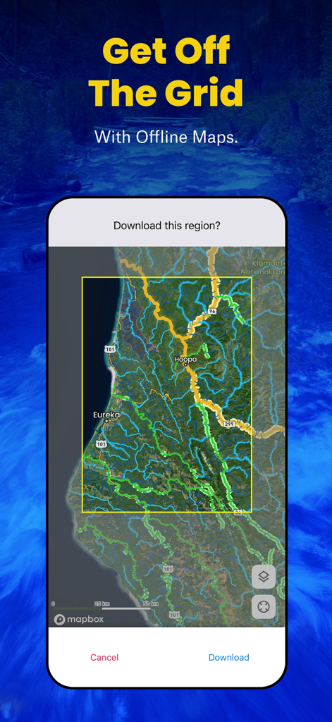 TroutRoutes: Fly Fishing App - Smartphone screen showing the TroutRoutes app interface for downloading offline maps of trout streams