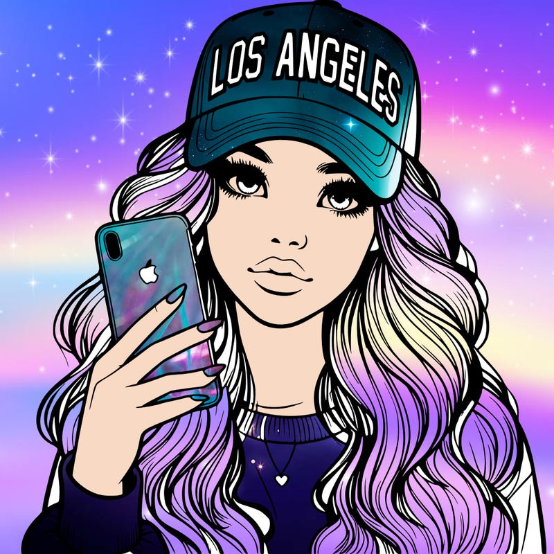 realistic beautiful girl wearing los ángeles cap holding an iphone