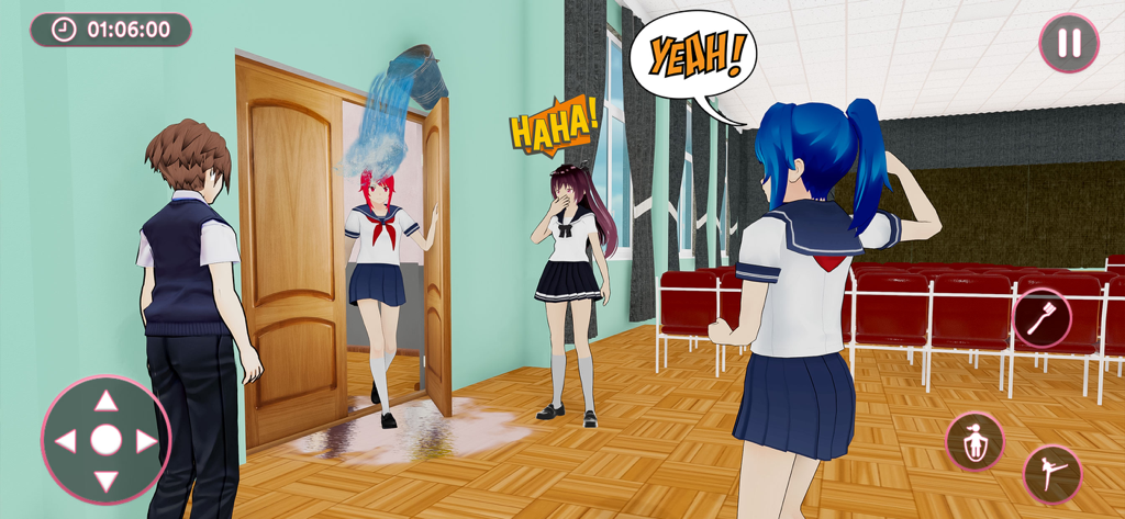 Anime School Girl Simulator - Anime school girl simulator gameplay showing a water bucket prank in a classroom hallway