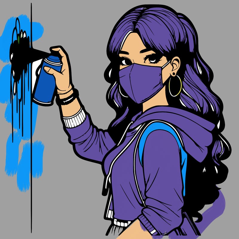 realistic girl with mask spray painting a wall