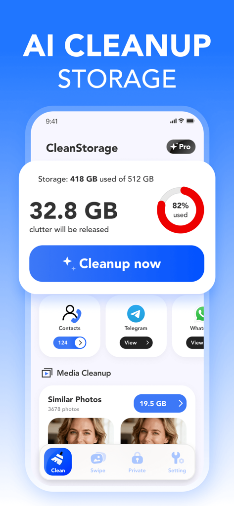 Clean Storage Pro: AI Cleaner - Clean Storage Pro app dashboard showing storage status and AI cleanup options for photos and contacts.