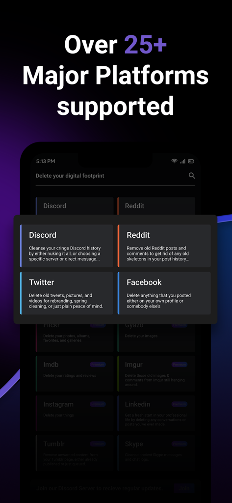 Redact Privacy app screen showing options to mass delete content from Discord Reddit Twitter and Facebook