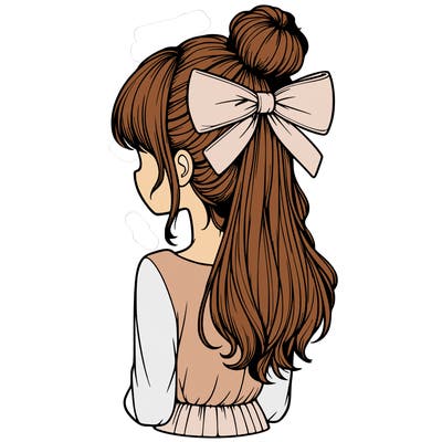realistic girl  with hip length hair a bun and a big bow on the back of head