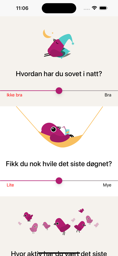 Epio - Daily health tracking screen in the Epio app showing sleep and rest sliders with bird illustrations.