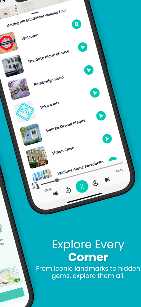 Trippy Tour Guide - Smartphone displaying the Trippy Tour Guide app interface for a self-guided walking tour with audio playback controls