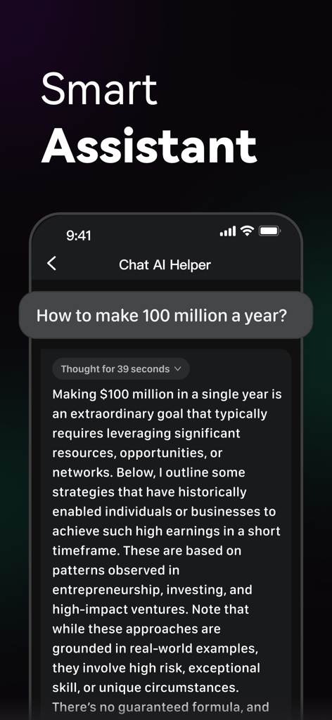 Chat AI 5 - Chatbot Assistant - Interface de l'application Chat AI 5 affichant une réponse d'assistant intelligent à une requête complexe.