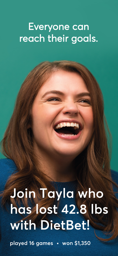 A happy woman named Tayla celebrating losing 42 pounds and winning 1350 dollars with the DietBet app