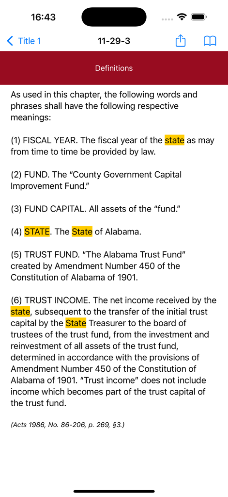 Screenshot of The Alabama Code app displaying legal definitions for state funds and trust income.