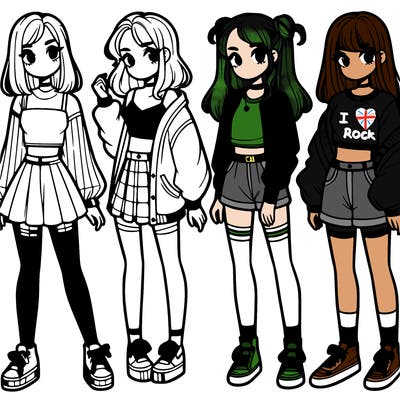one girl with crop-top shirt and a jacket with a skirt, long socks and another girl with a shirt and pants with a jacket
