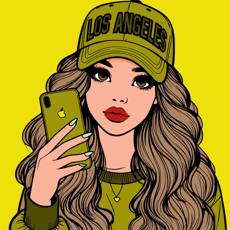 realistic beautiful girl wearing los ángeles cap holding an iphone