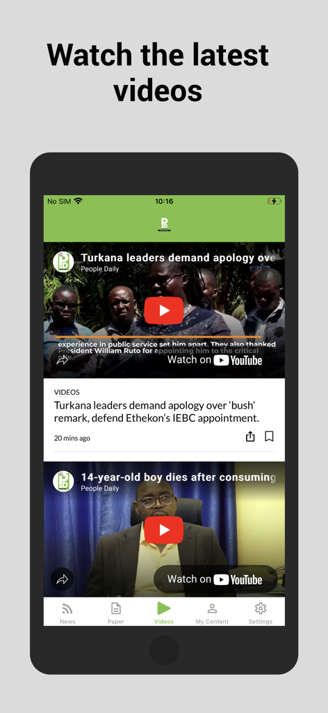 The video news section of the People Daily ePaper app featuring Kenyan news reports