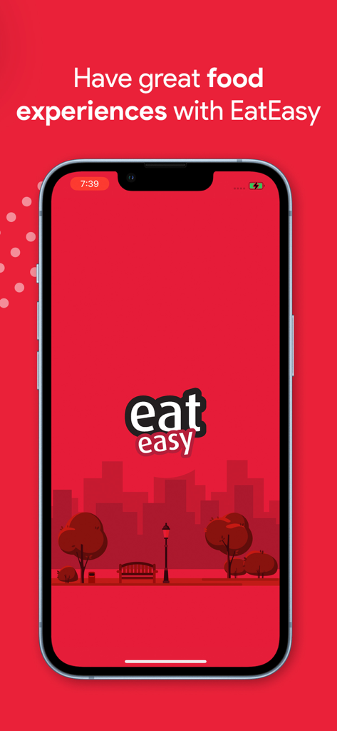 EatEasyモバイルアプリのウェルカム画面に、会社のロゴと赤い街並みのイラストが表示されている。