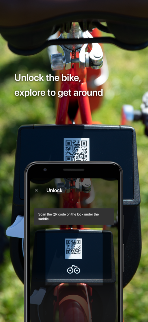 Charichari - Bike Share - A smartphone scanning a QR code on a red Charichari bike to unlock it for a ride