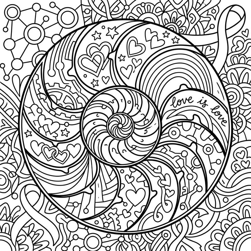 Dive into a world where natural beauty meets heartfelt celebration with this unique Nautilus Spiral coloring page for Pride Month. Express your creativity and support for love, diversity, and community through intricate patterns and vibrant colors.