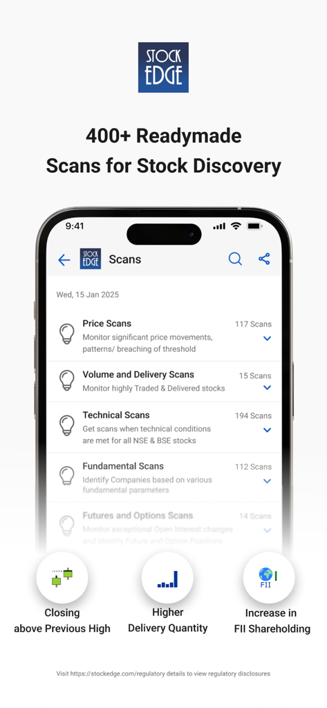 StockEdge app interface showing categories for stock discovery scans including price, volume, technical, and fundamental analysis.