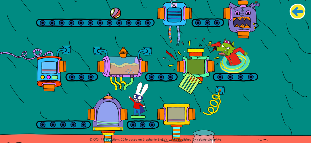 Simon Super Rabbit Vs Pr. Wolf - ウルフィー先生と対峙する、カラフルな機械修理レベルのスーパーサイモン