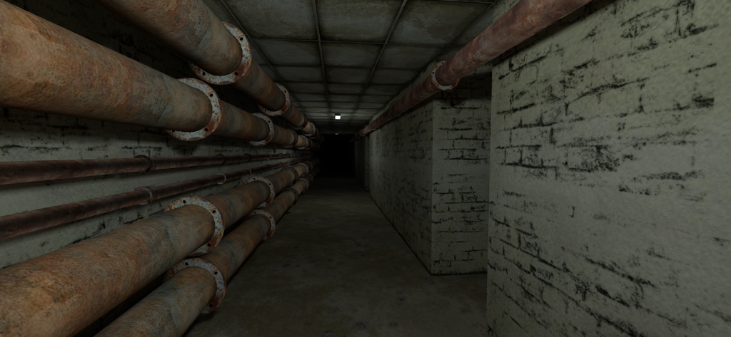 Noclip : Backrooms Multiplayer - Un couloir industriel sombre et inquiétant avec de grands tuyaux rouillés dans Noclip Backrooms Multiplayer