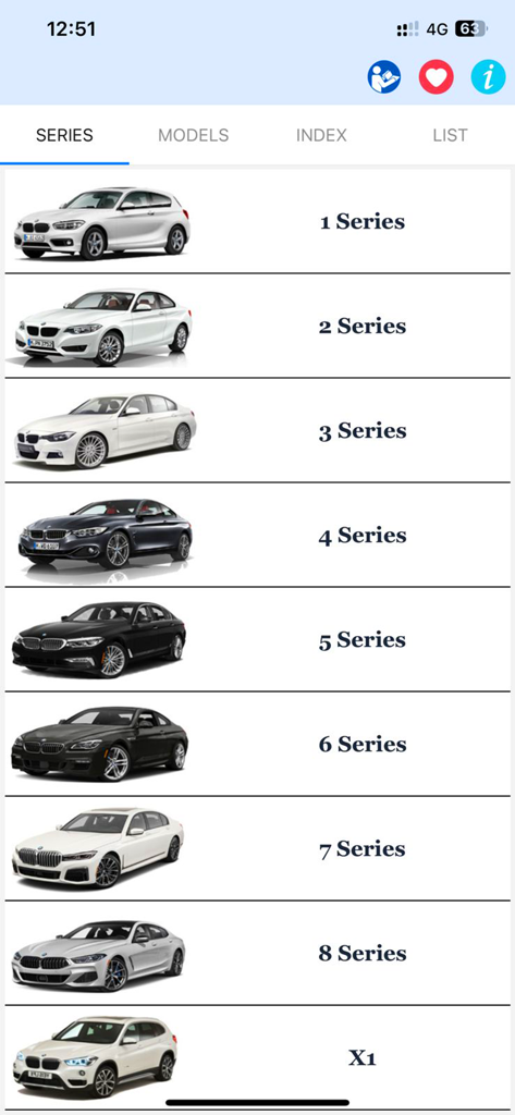 Bimma EWD - Wiring Diagrams - Bimma EWD app showing a list of BMW car series for wiring diagram selection
