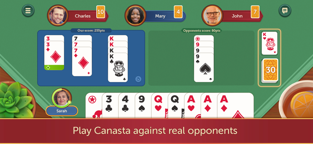 Canasta Fun & Friends - 本物の対戦相手とのテーブルでのカードを示すCanasta Fun and Friendsのゲームプレイ