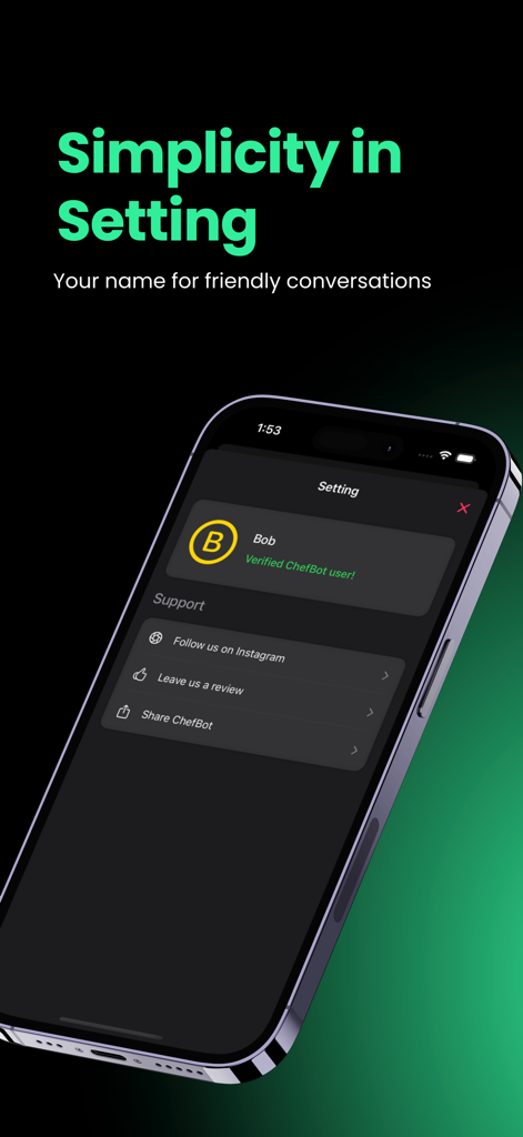 ChefBot - AI-powered recipes - ChefBot AI recipe app settings screen showing a user profile and support options including social media links and review request