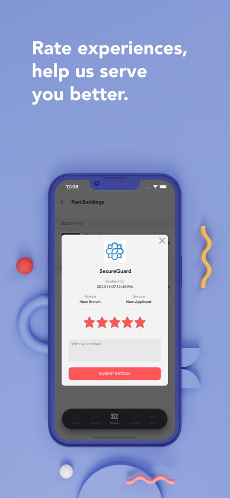 Skiplino - Mobile app screen for Skiplino showing a five star rating and feedback form for a service provider named SecureGuard