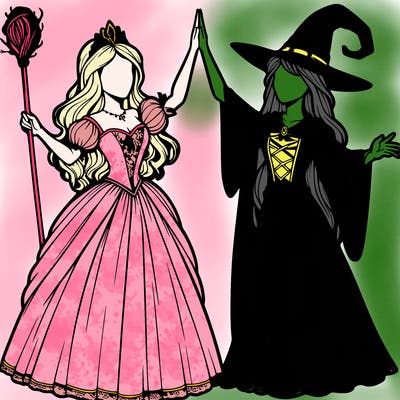detailed realistic split of a princess and a witch