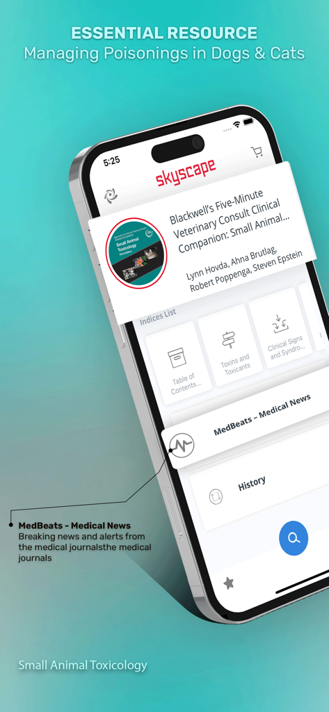 5 Minute Veterinary - 犬猫のための医療ニュースや毒物学リソースを示す5分間獣医アプリのインターフェース。