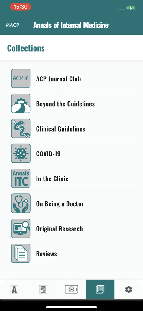 The Collections screen of the Annals of Internal Medicine app showing categories like Clinical Guidelines and Original Research.