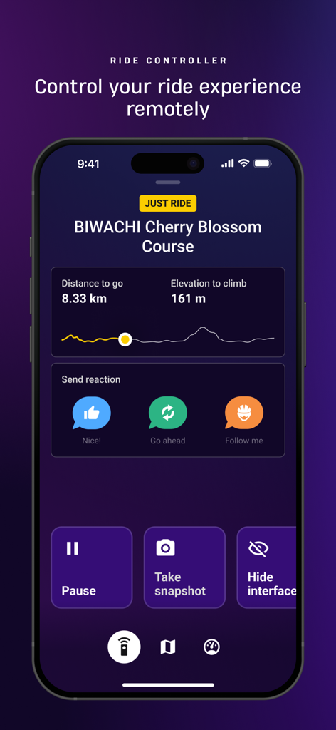 ROUVY Companion app ride controller screen showing distance elevation and remote controls for indoor cycling