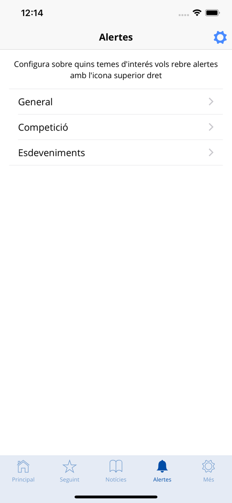 El Consell 앱의 스포츠 경기 및 이벤트에 대한 알림 설정 화면