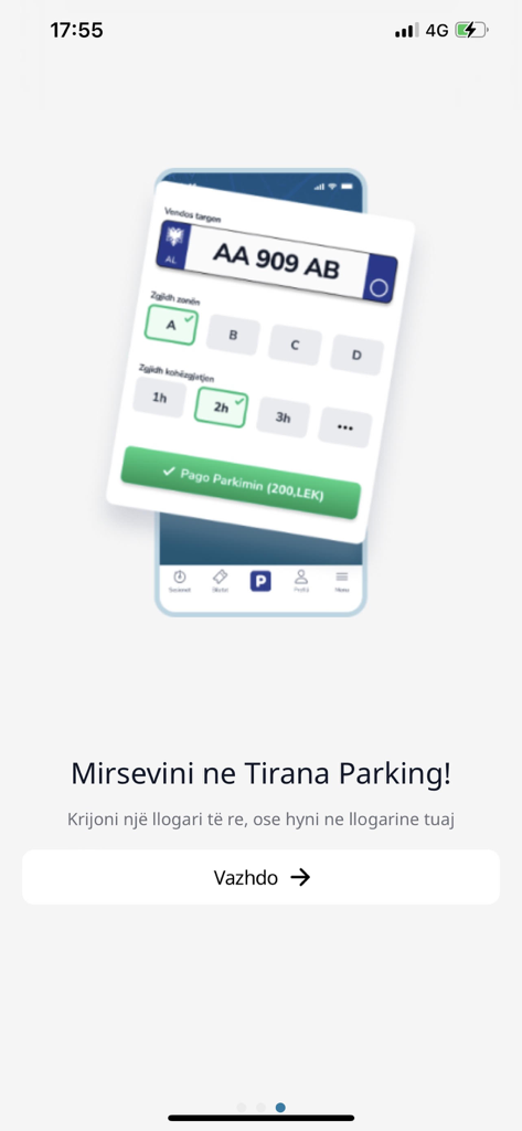 Tirana Parking - Welcome screen of the Tirana Parking app showing mobile parking payment options