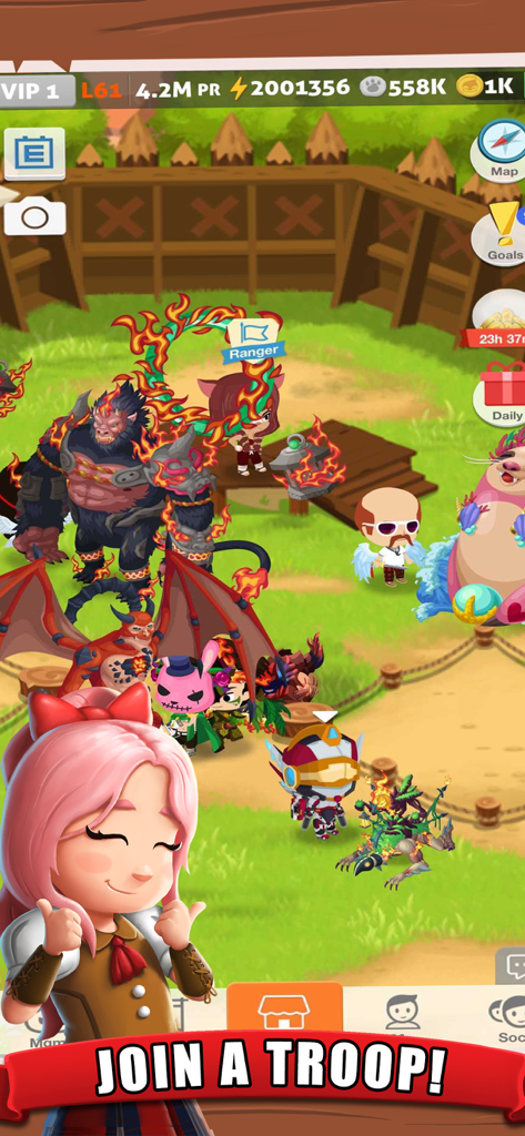 Battle Camp mobile game screenshot showing various monsters and player avatars in a camp with the text Join a Troop