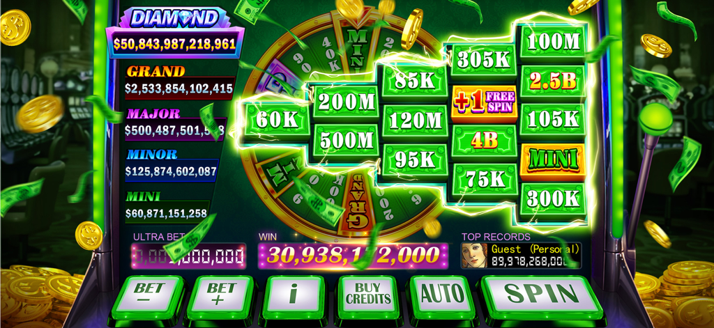A virtual slot machine displaying a large diamond jackpot win with various cash prizes and a classic Vegas-style interface