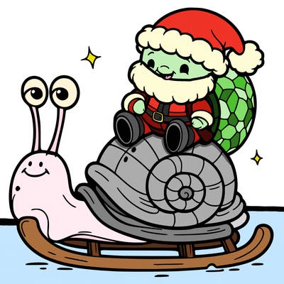 a turtle riding a snail on santa’s sleigh