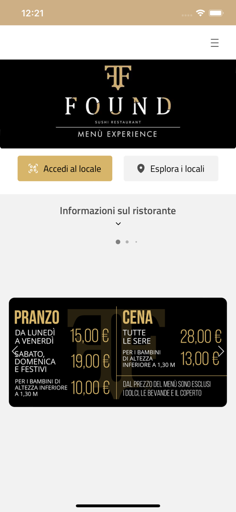 Interfaccia dell'app mobile Found Sushi Restaurant che mostra i prezzi del menu del pranzo e della cena e le informazioni sul ristorante