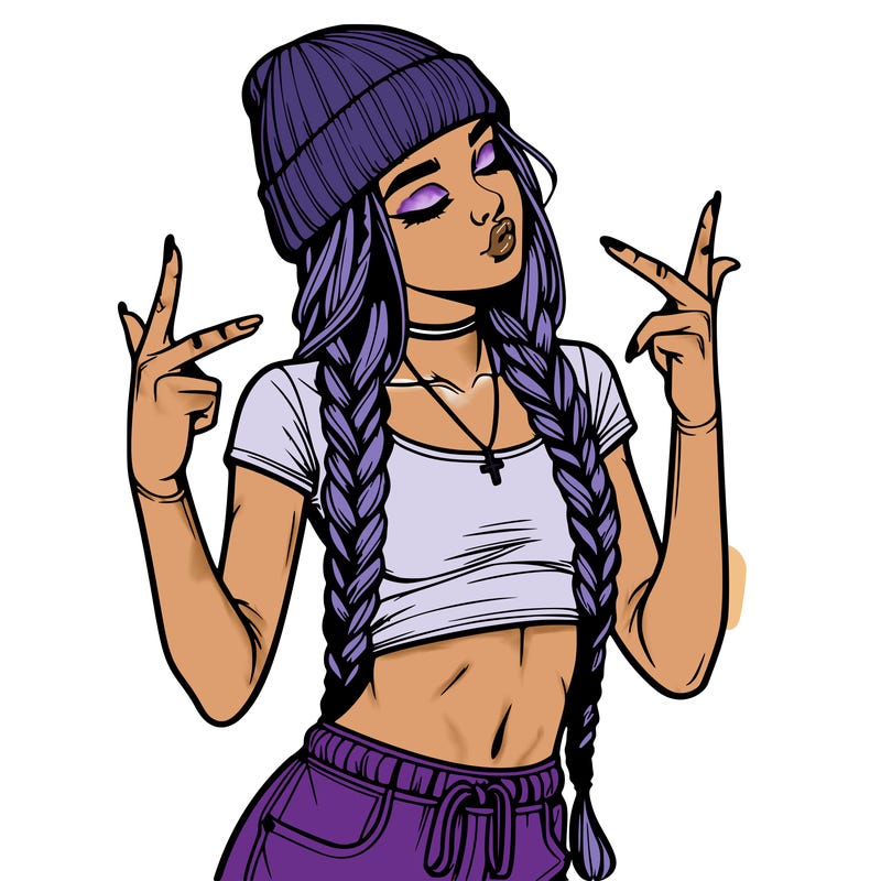 realistic teenage girl with braids and a beanie and crop top doing 🫶🏼