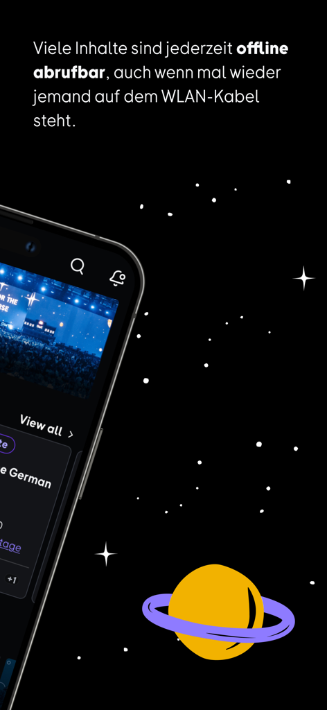 OMR - Screenshot of the OMR Festival app highlighting offline availability of content with a space themed graphic background