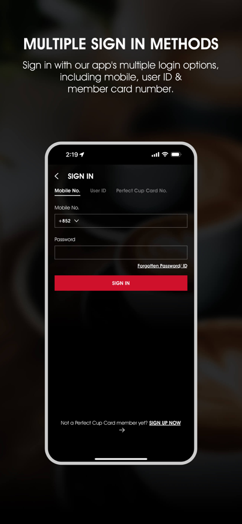 Pacific Coffee Hong Kong - Pacific Coffee Hong Kong app sign in screen showing options for mobile number user ID and member card login