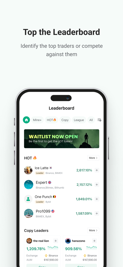 League of Traders - League of Traders mobile app showing a leaderboard ranking of top crypto traders with their profit percentages and copy trading options