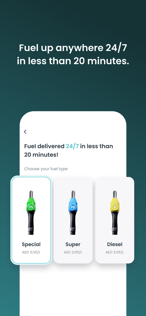 CAFU Fuel & Car Service To You - CAFU app screen for selecting fuel types for on-demand delivery in under 20 minutes